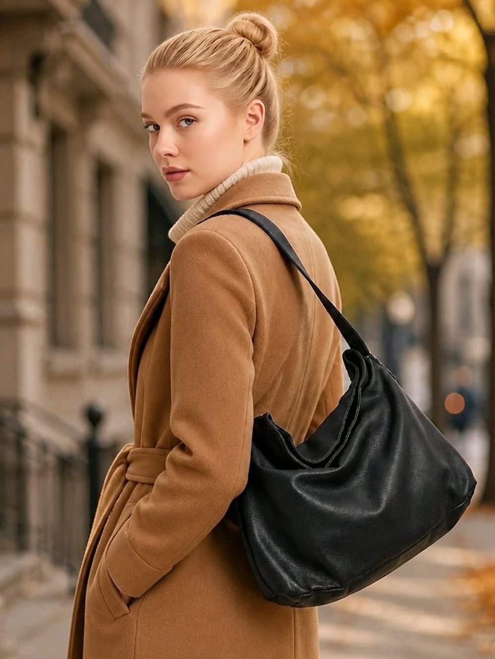 Kenneth Cole Black Leather Hobo Shoulder Bag